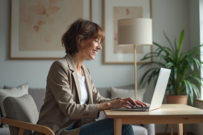 femme-bureau-modele Femme de 42 ans au bureau moderne souriante et naturelle
