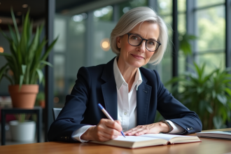 Femme confiante en bureau moderne prenant des notes