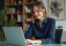 Exprimer son intérêt pour un emploi : conseils et phrases utiles pour se démarquer ! Femme au bureau en blouse navy souriante et concentrée
