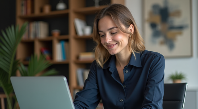 Exprimer son intérêt pour un emploi : conseils et phrases utiles pour se démarquer ! Femme au bureau en blouse navy souriante et concentrée