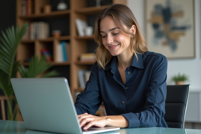 femme-bureau-ordinateur Femme au bureau en blouse navy souriante et concentrée