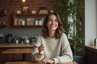 Femme espagnole souriante dans un café moderne