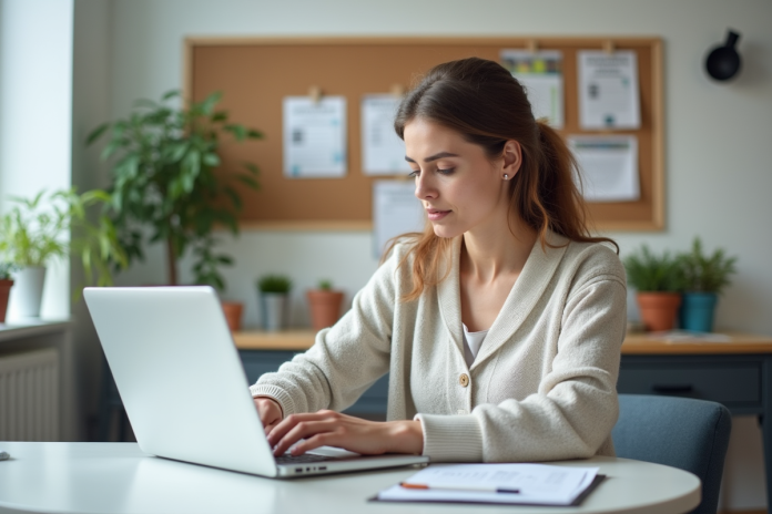Femme candidate remplissant un formulaire de formation dans un bureau moderne