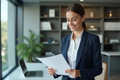 Femme professionnelle examinant un certificat dans un bureau moderne