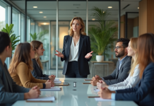 Femme en réunion d'affaires dans un bureau moderne