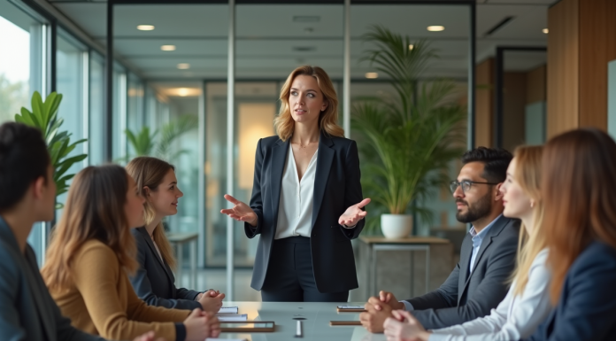 Compétence de leadership : définition et importance dans la gestion d’équipe Femme en réunion d'affaires dans un bureau moderne