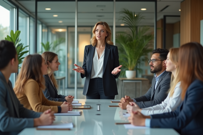 femme-conference-bureau Femme en réunion d'affaires dans un bureau moderne