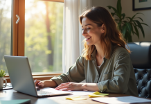 Femme confiante de quarantaine travaillant à domicile