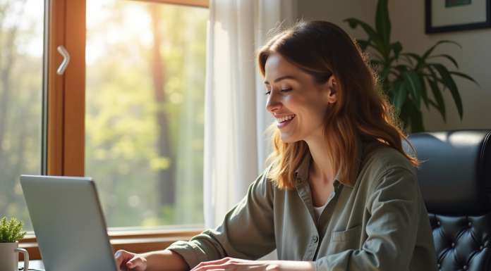 Femme confiante de quarantaine travaillant à domicile