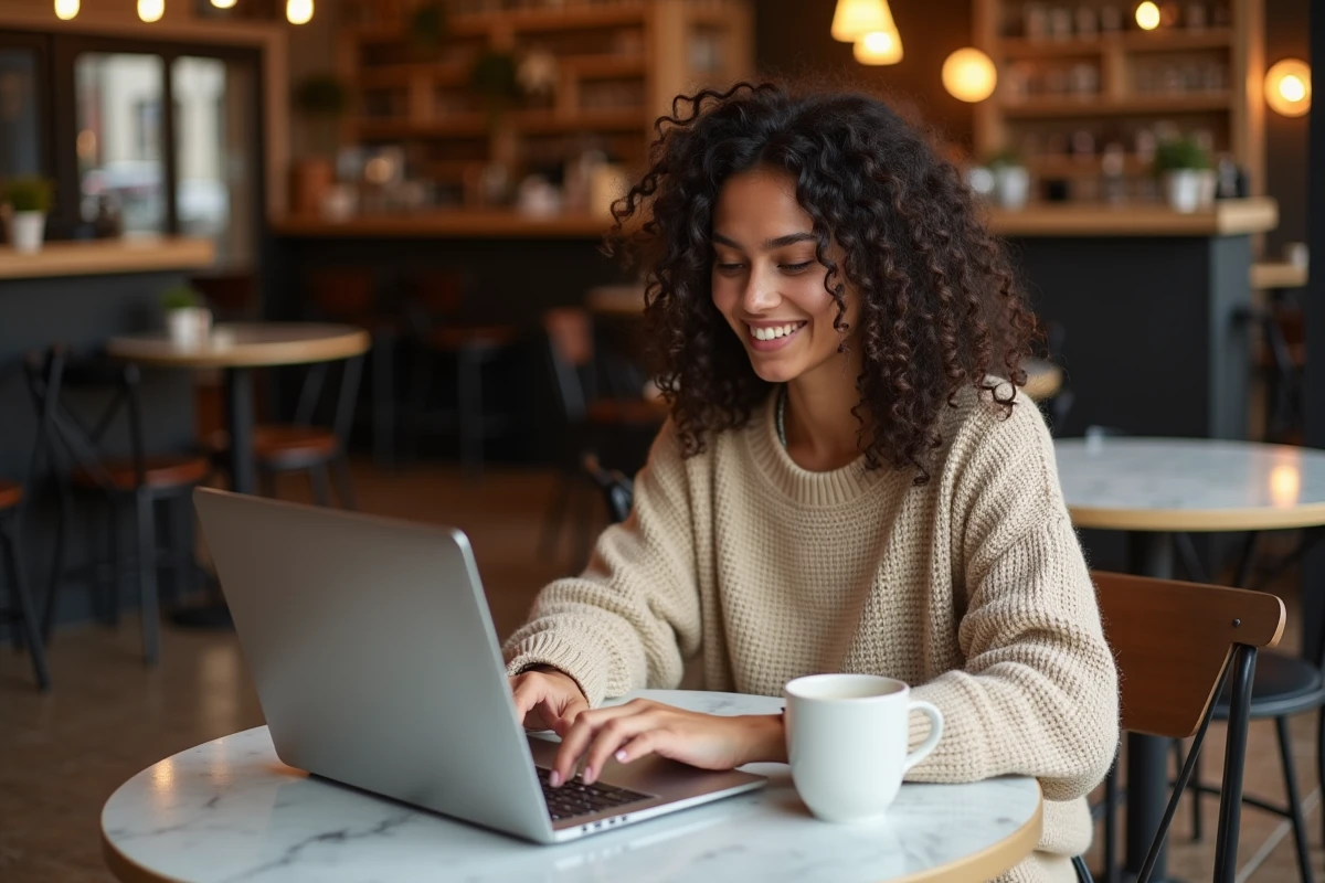 Femme consultant une confirmation de dossier Econdidat Paris 8 dans un café parisien