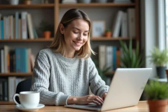 Femme en pull gris connectée sur une plateforme e-learning Moodle depuis son bureau à domicile lors de la rentrée en formation
