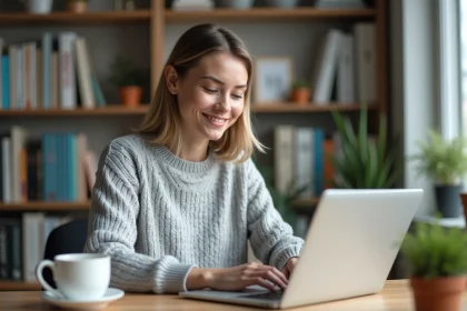 Femme en pull gris connectée sur une plateforme e-learning Moodle depuis son bureau à domicile lors de la rentrée en formation