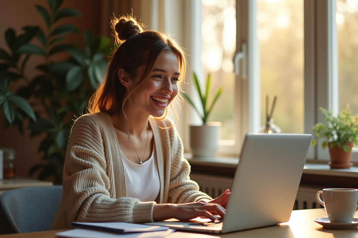 Jeune femme créative en visioconference dans son bureau