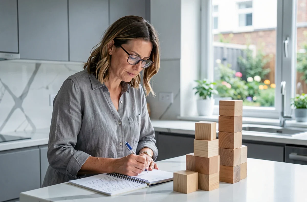 Femme adulte utilisant des cubes en bois pour comprendre et mémoriser la formule du volume d'un cube