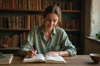 Femme écrivant une strophe de six vers dans un carnet de poésie à la plume, dans un bureau rustique entouré de livres de versification
