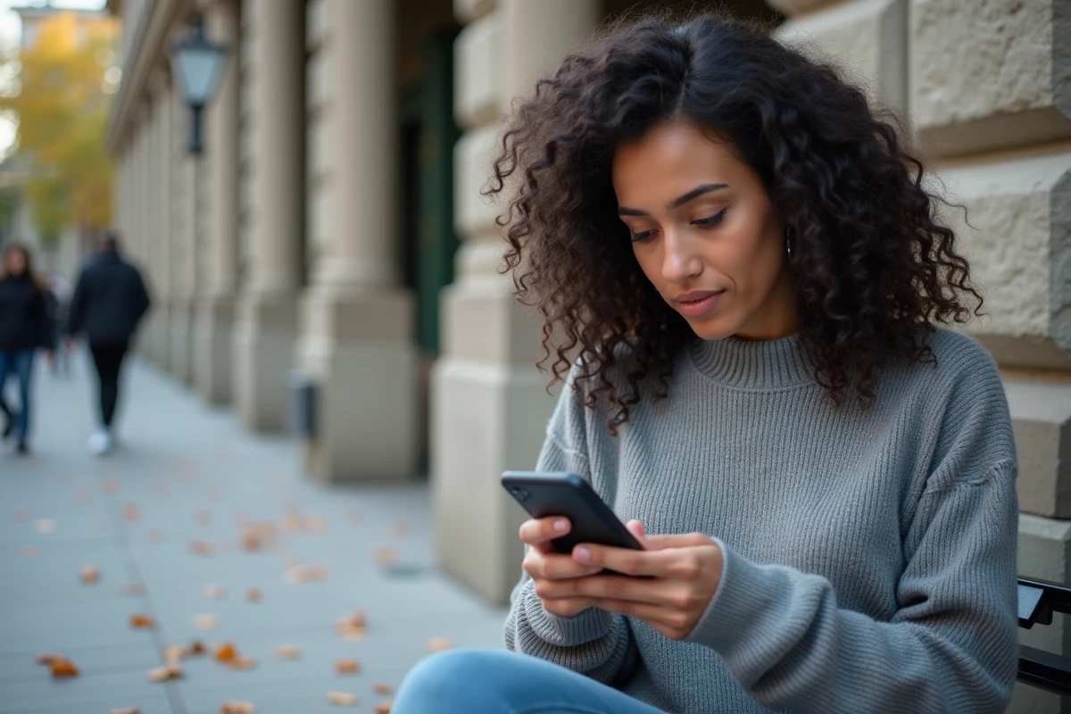 Femme dehors sur un banc vérifiant son smartphone en réseau