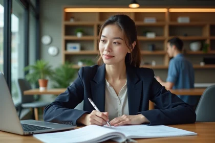 Femme en formation professionnelle FIMO prenant des notes dans un espace de coworking moderne