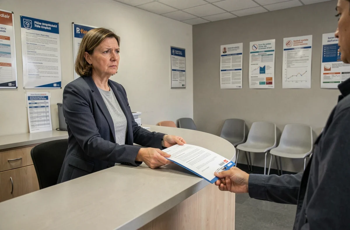 Femme déposant un dossier de documents au guichet de Pôle emploi pour une inscription sans indemnisation chômage