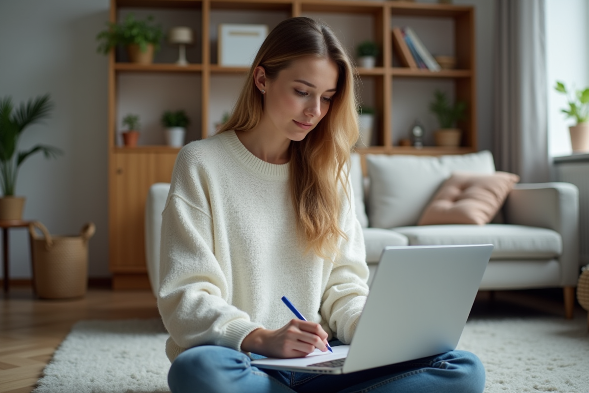 Femme assise sur le sol avec ordinateur portable et bloc note