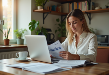 Femme d'affaires lisant des brochures éducatives à la maison