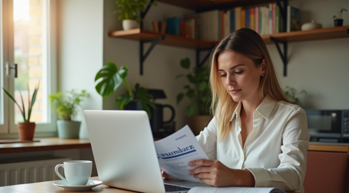Financer sa formation : qui peut aider à payer ? Femme d'affaires lisant des brochures éducatives à la maison