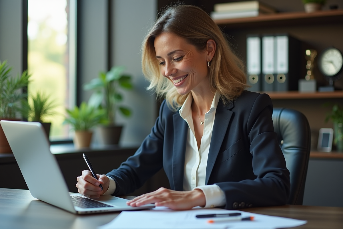 Femme manager travaillant seule à son bureau avec un ordinateur