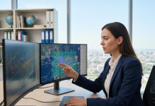 Comment le SIG révolutionne la donnée géographique ? Jeune femme en blazer bleu examine une carte numérique détaillée
