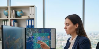 Jeune femme en blazer bleu examine une carte numérique détaillée