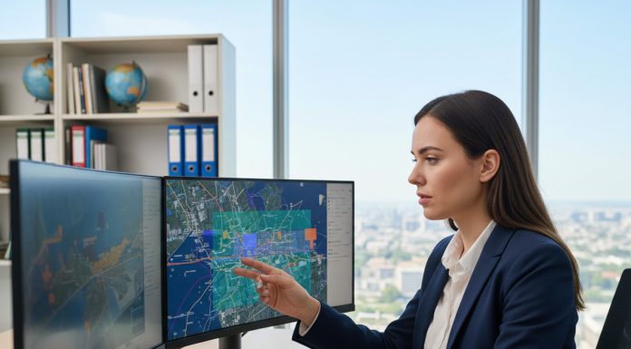 Comment le SIG révolutionne la donnée géographique ? Jeune femme en blazer bleu examine une carte numérique détaillée