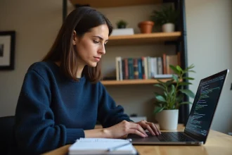 Femme travaillant sur son master en informatique depuis son bureau à domicile, avec un laptop et des notes de cours