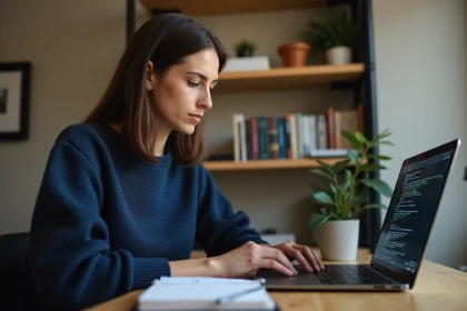 Femme travaillant sur son master en informatique depuis son bureau à domicile, avec un laptop et des notes de cours