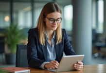 Expérience utilisateur : comment bien la qualifier ? Jeune femme en blazer consulte un site sur tablette