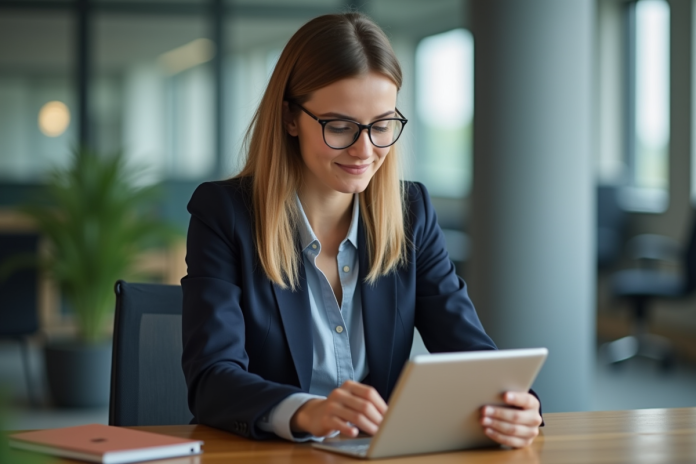 femme-navigue-site-tablet Jeune femme en blazer consulte un site sur tablette