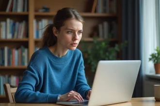 Jeune femme regardant son ordinateur portable à la maison