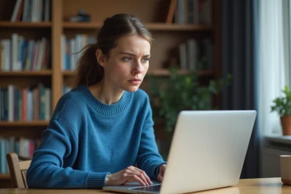 Jeune femme regardant son ordinateur portable à la maison