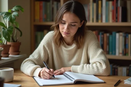 Femme écrivant dans un planner créatif ouvert sur un bureau en bois avec un stylo plume et des notes manuscrites