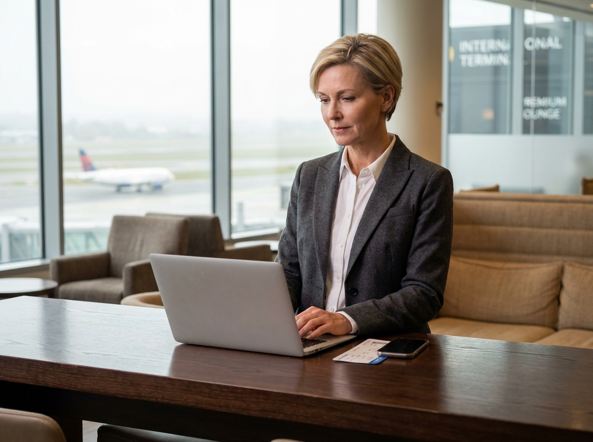 Femme cadre en portage salarial travaillant depuis un salon d'aéroport international