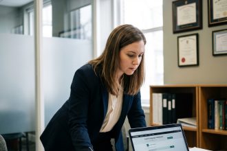 Jeune femme concentrée lors d'un test d'anglais au bureau