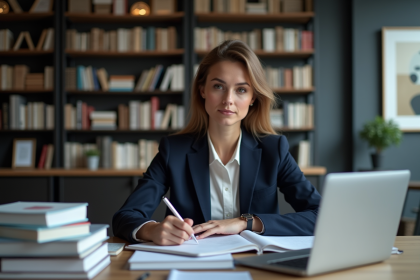 Femme professionnelle en bureau moderne avec livres et notes