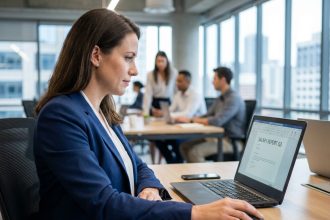 Femme professionnelle consultant un rapport de salaire sur son ordinateur portable dans un bureau moderne