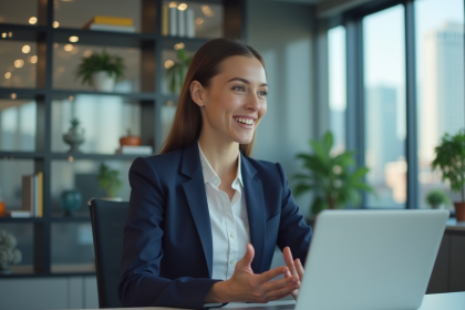Jeune femme en costume navy lors d'un appel vidéo en bureau