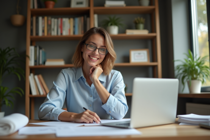 Femme en bureau moderne cherchant à mettre à jour son CV