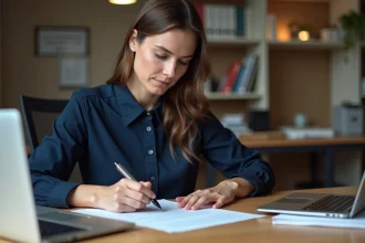 Femme rédigeant une lettre de motivation simple à son bureau à domicile