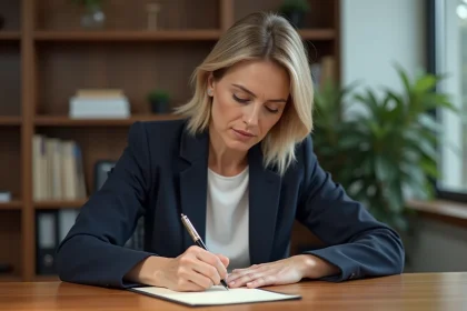 Femme professionnelle rédigeant une lettre de recommandation à son bureau en entreprise