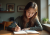 Jeune femme réfléchissant à son carnet de notes
