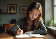 Jeune femme réfléchissant à son carnet de notes
