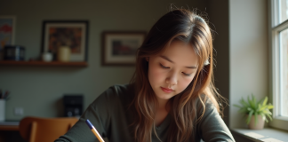 Jeune femme réfléchissant à son carnet de notes