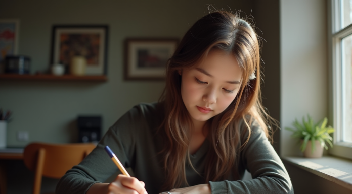 Jeune femme réfléchissant à son carnet de notes