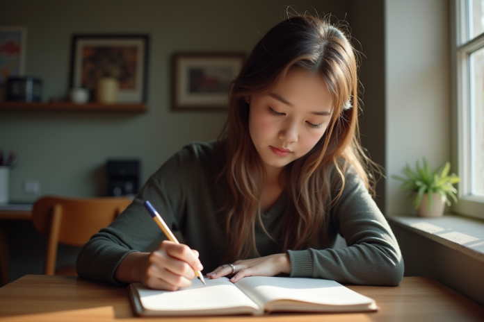 femme-reflexion-notebook Jeune femme réfléchissant à son carnet de notes