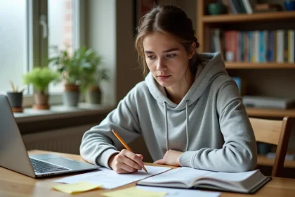 Jeune femme révisant le code de la route avec un ordinateur portable et des livres sur un bureau en bois